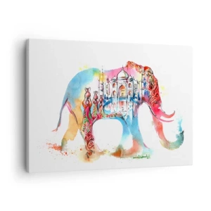 Quadro su tela - Stampe su Tela - Dipinto ad acquerello colorato di un elefante con un motivo del Taj Mahal - 70x50cm - India: aura d'amore - Decorazione murale moderna per soggiorno e camera da letto ARTTOR