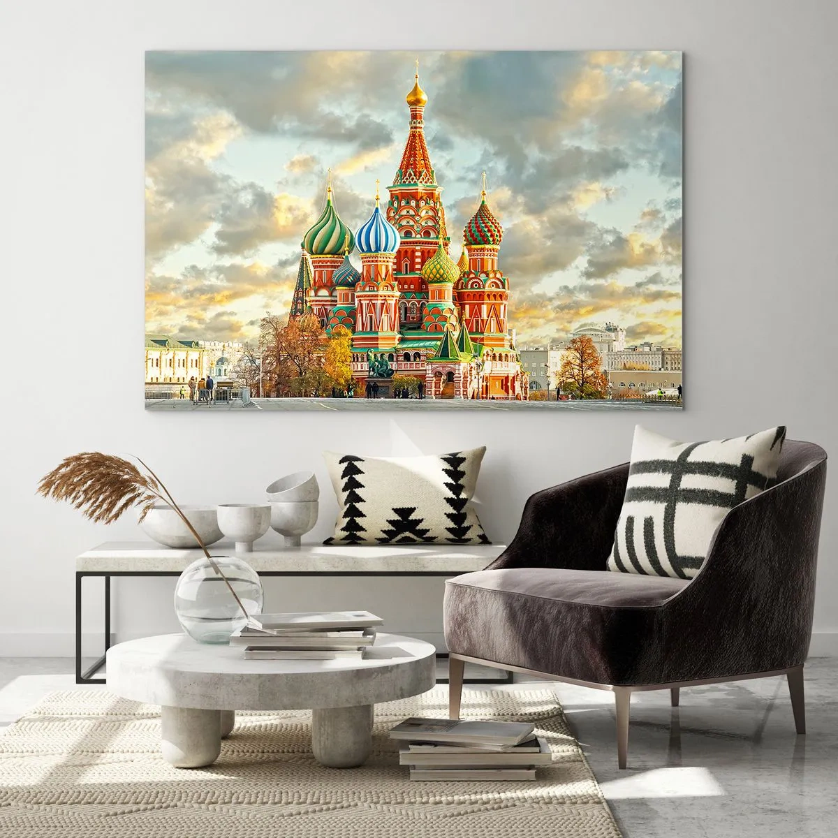 Quadro su vetro - Cattedrale di San Basilio a Mosca contro un cielo nuvoloso - 120x80cm - Neanche Disney potrebbe idearlo - Decorazione murale moderna per soggiorno e camera da letto ARTTOR