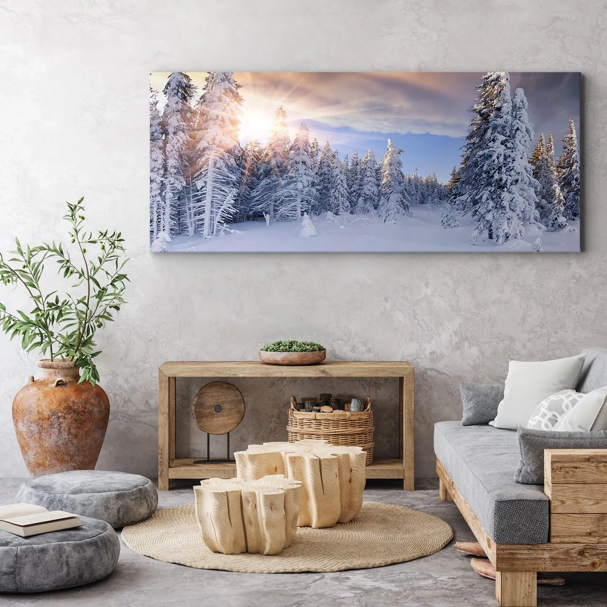 Quadro su tela - Stampe su Tela - Paesaggio invernale con foresta innevata al tramonto - 140x50cm - Spettacolo innevato della natura - Decorazione murale moderna per soggiorno e camera da letto ARTTOR