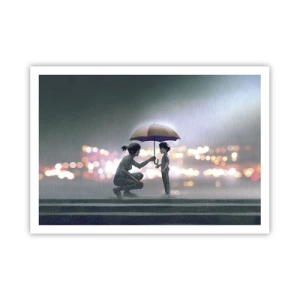 Poster - Una figura con un ombrello che protegge un bambino sullo sfondo delle luci notturne. - 100x70cm - E già tutto va bene - Decorazione murale moderna per soggiorno e camera da letto ARTTOR