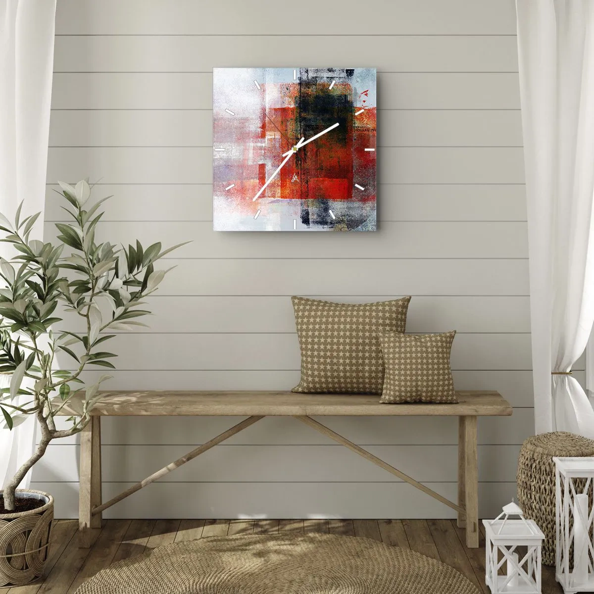 Orologio da parete - Orologio in Vetro - Composizione geometrica astratta con accenti rossi e arancioni - 30x30cm - Composizione arroventata - Decorazione murale moderna per soggiorno e camera da letto ARTTOR