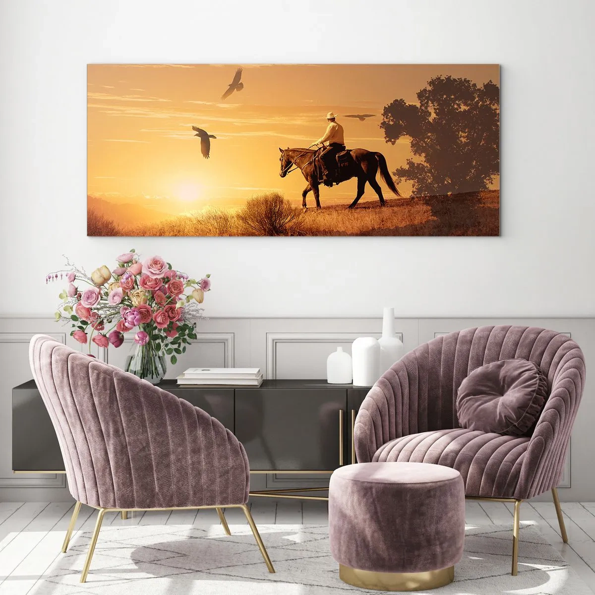 Quadro su vetro - Un cavaliere a cavallo al tramonto sullo sfondo della prateria - 120x50cm - Da solo nella prateria - Decorazione murale moderna per soggiorno e camera da letto ARTTOR