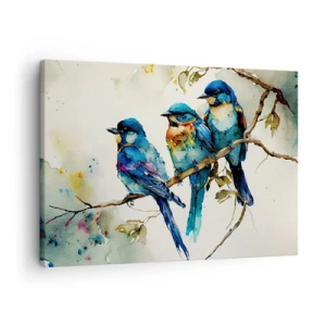 Quadro su tela - Stampe su Tela - Tre uccelli colorati su un ramo in stile acquerello - 70x50cm - Si è offeso? - Decorazione murale moderna per soggiorno e camera da letto ARTTOR