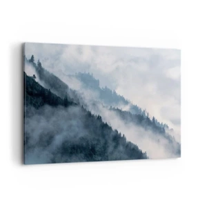 Quadro su tela - Stampe su Tela - La nebbia aleggia sui pendii boscosi delle montagne in un paesaggio misterioso - 100x70cm - La mistica dei monti - Decorazione murale moderna per soggiorno e camera da letto ARTTOR