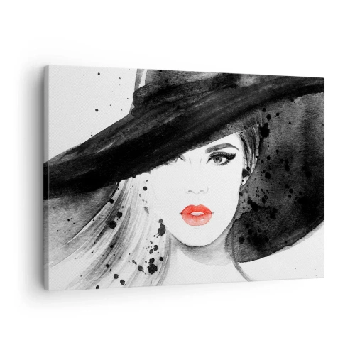 Quadro su tela - Stampe su Tela - Ritratto di una donna con un cappello e labbra rosse - 70x50cm - Donna in nero - Decorazione murale moderna per soggiorno e camera da letto ARTTOR