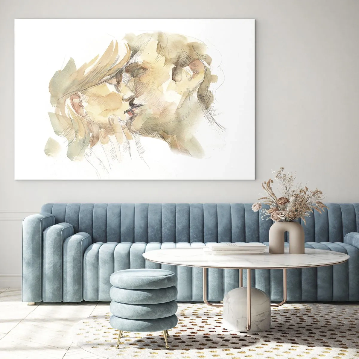 Quadro su vetro - Dipinto ad acquerello romantico raffigurante il bacio di due innamorati - 70x50cm - Sarà l'anima gemella? - Decorazione murale moderna per soggiorno e camera da letto ARTTOR