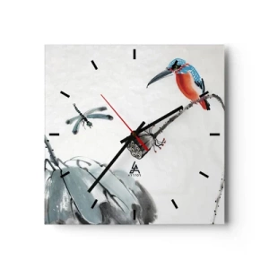 Orologio da parete - Orologio in Vetro - Un uccello colorato su uno sfondo di vegetazione e una libellula - 30x30cm - La vita del prato - Decorazione murale moderna per soggiorno e camera da letto ARTTOR