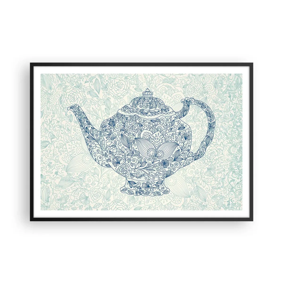 Poster in cornice nera - Disegno decorativo di una teiera con ornamenti blu - 100x70cm - Magia del tè - Decorazione murale moderna per soggiorno e camera da letto ARTTOR