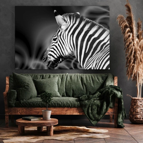 Quadro su tela - Stampe su Tela - Ritratto in bianco e nero di una zebra su uno sfondo di motivi astratti. - 70x50cm - Il bianco è bianco, il nero è nero - Decorazione murale moderna per soggiorno e camera da letto ARTTOR