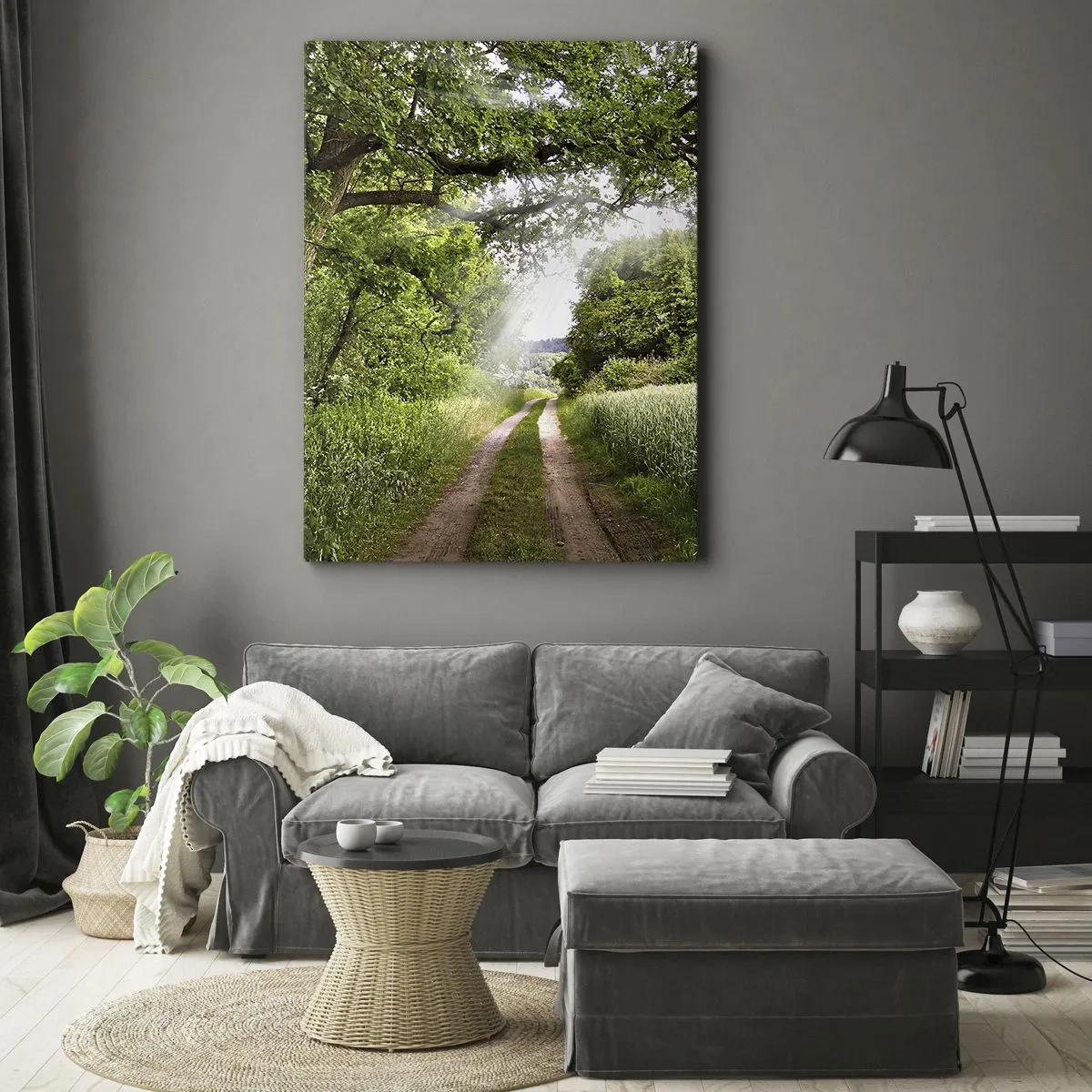 Quadro su tela - Stampe su Tela - Una strada sterrata tra alberi verdi e luce solare - 50x70cm - Et in Arcadia ego - Decorazione murale moderna per soggiorno e camera da letto ARTTOR