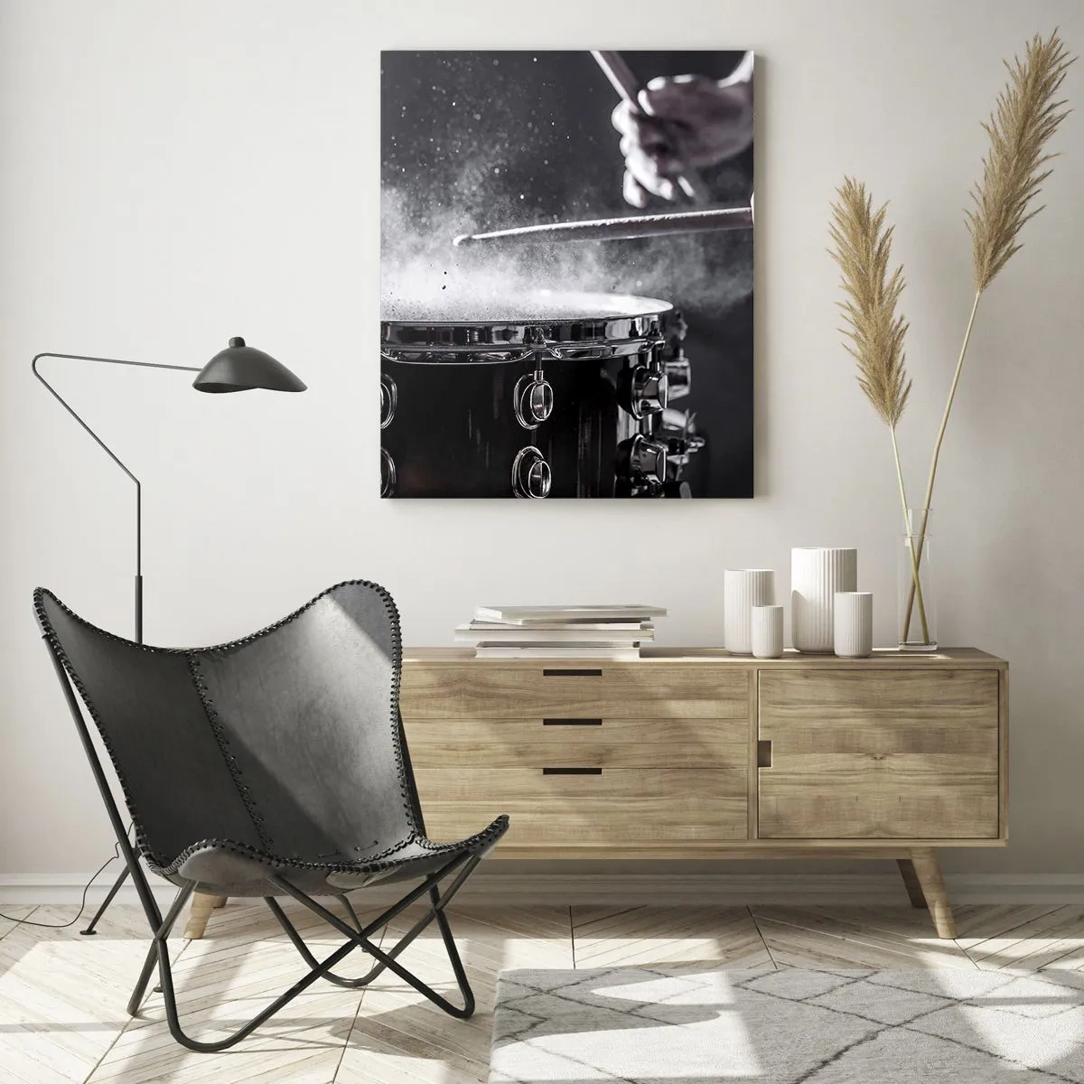 Quadro su vetro - Colpire il rullante con le bacchette con effetto polvere - 80x120cm - Il polso della musica - Decorazione murale moderna per soggiorno e camera da letto ARTTOR