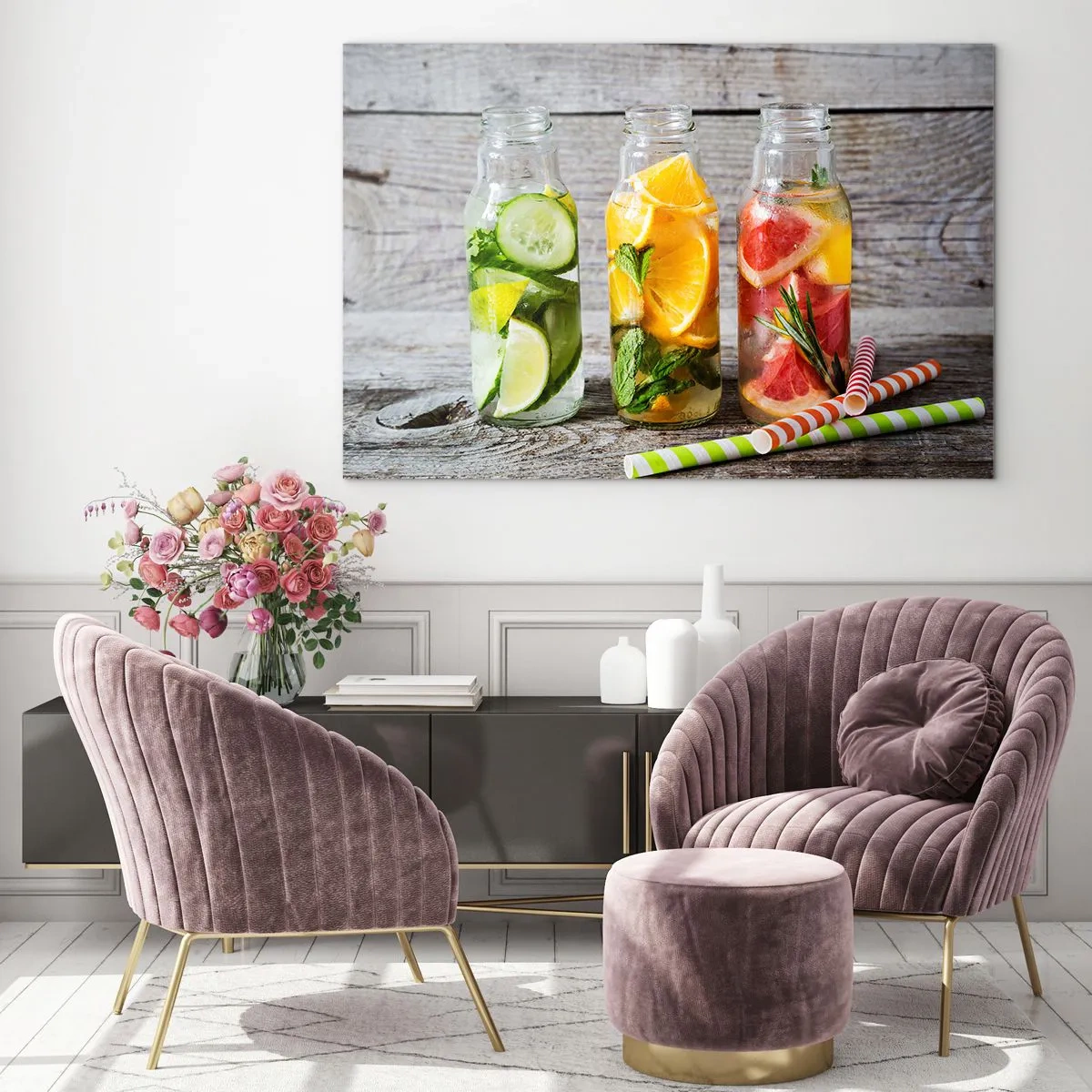 Quadro su vetro - Bottiglie di acqua alla frutta ed erbe aromatiche su uno sfondo di legno - 120x80cm - Sani di natura - Decorazione murale moderna per soggiorno e camera da letto ARTTOR