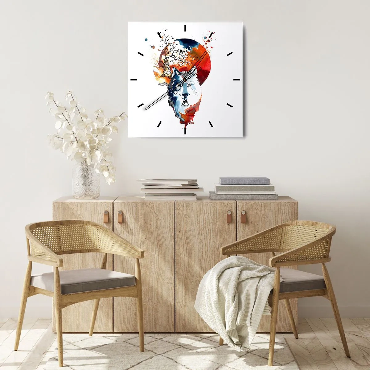 Orologio da parete - Orologio in Vetro - Dipinto astratto ad acquerello di un lupo contro una luna rossa - 30x30cm - Naso a naso con la notte - Decorazione murale moderna per soggiorno e camera da letto ARTTOR