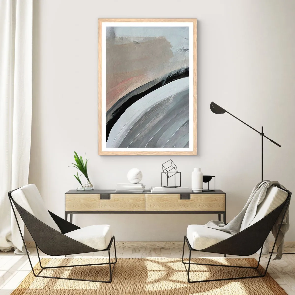 Poster in cornice rovere chiaro - Composizione: arco di nero e grigio - 70x100 cm