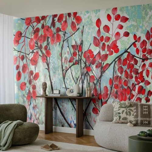 Fotomurali Standard Eco - Albero in scarlatto - Astrazione, Foglie Rosse, Ramo - 350x256 cm