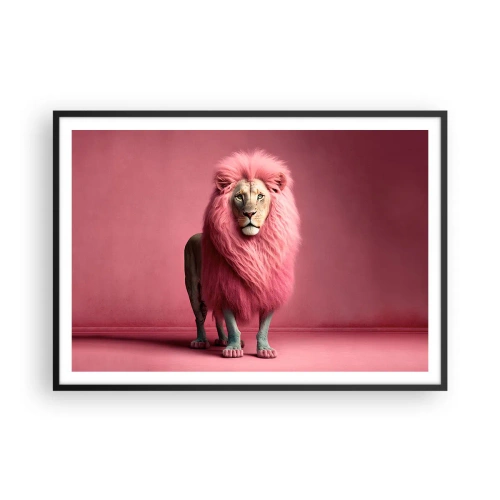 Poster in cornice nera - Un leone artisticamente raffigurato con una criniera rosa su uno sfondo rosa - 100x70cm - E non mette più paura - Decorazione murale moderna per soggiorno e camera da letto ARTTOR