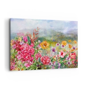 Quadro su tela - Stampe su Tela - Una composizione colorata di fiori su uno sfondo paesaggistico color pastello - 120x80cm - Il giardino impazzito - Decorazione murale moderna per soggiorno e camera da letto ARTTOR