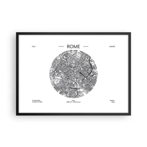 Poster in cornice nera - Una mappa di Roma in stile minimalista, in bianco e nero - 70x50cm - Anatomia di Roma - Decorazione murale moderna per soggiorno e camera da letto ARTTOR