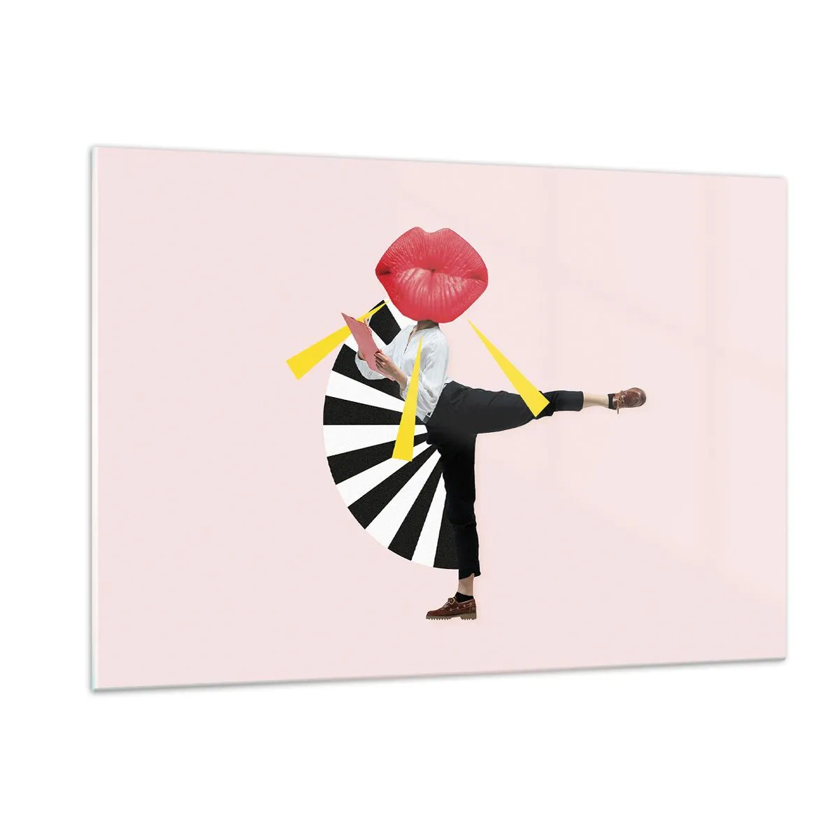 Quadro su vetro - Una composizione pop art surreale che raffigura un personaggio con una grande bocca su uno sfondo rosa. - 120x80cm - Pop-art surrealistica - Decorazione murale moderna per soggiorno e camera da letto ARTTOR