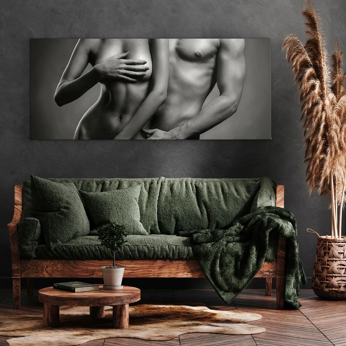 Quadro su tela - Stampe su Tela - Rappresentazione in bianco e nero di corpi femminili e maschili in una posa artistica - 120x50cm - Adamo ed Eva - Decorazione murale moderna per soggiorno e camera da letto ARTTOR