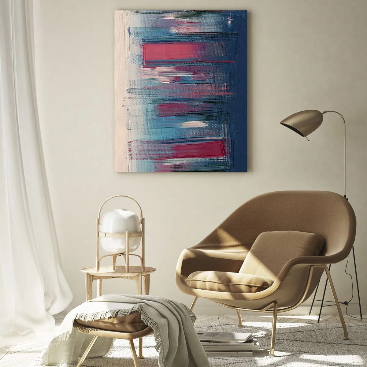 Quadro su vetro - Forme verticali astratte nelle tonalità del blu e del rosso - 80x120cm - Composizione verticale in blu e rosso - Decorazione murale moderna per soggiorno e camera da letto ARTTOR