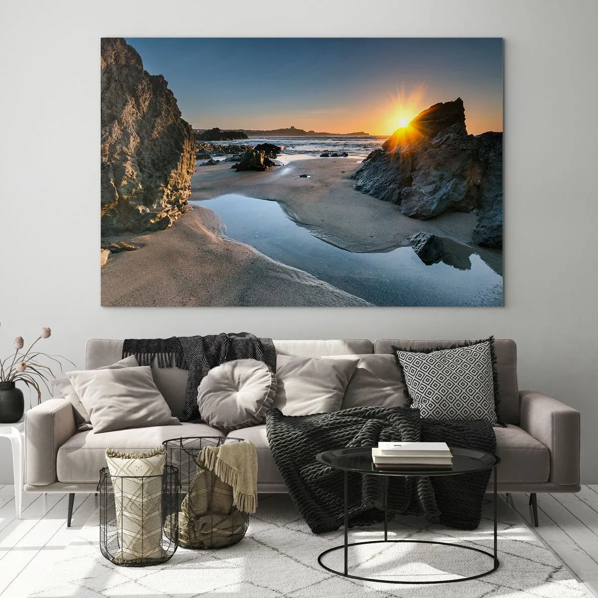 Quadro su vetro - Spiaggia all'alba con rocce pittoresche e acqua - 100x70cm - Mai toccate da mano umana - Decorazione murale moderna per soggiorno e camera da letto ARTTOR