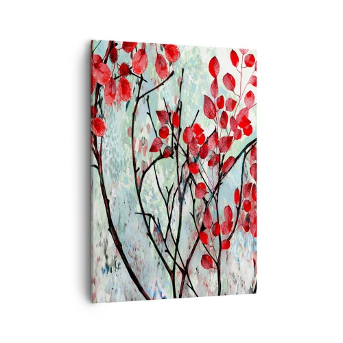 Quadro su tela - Stampe su Tela - Foglie rosse contro un cielo luminoso con motivi astratti - 50x70cm - Albero in scarlatto - Decorazione murale moderna per soggiorno e camera da letto ARTTOR