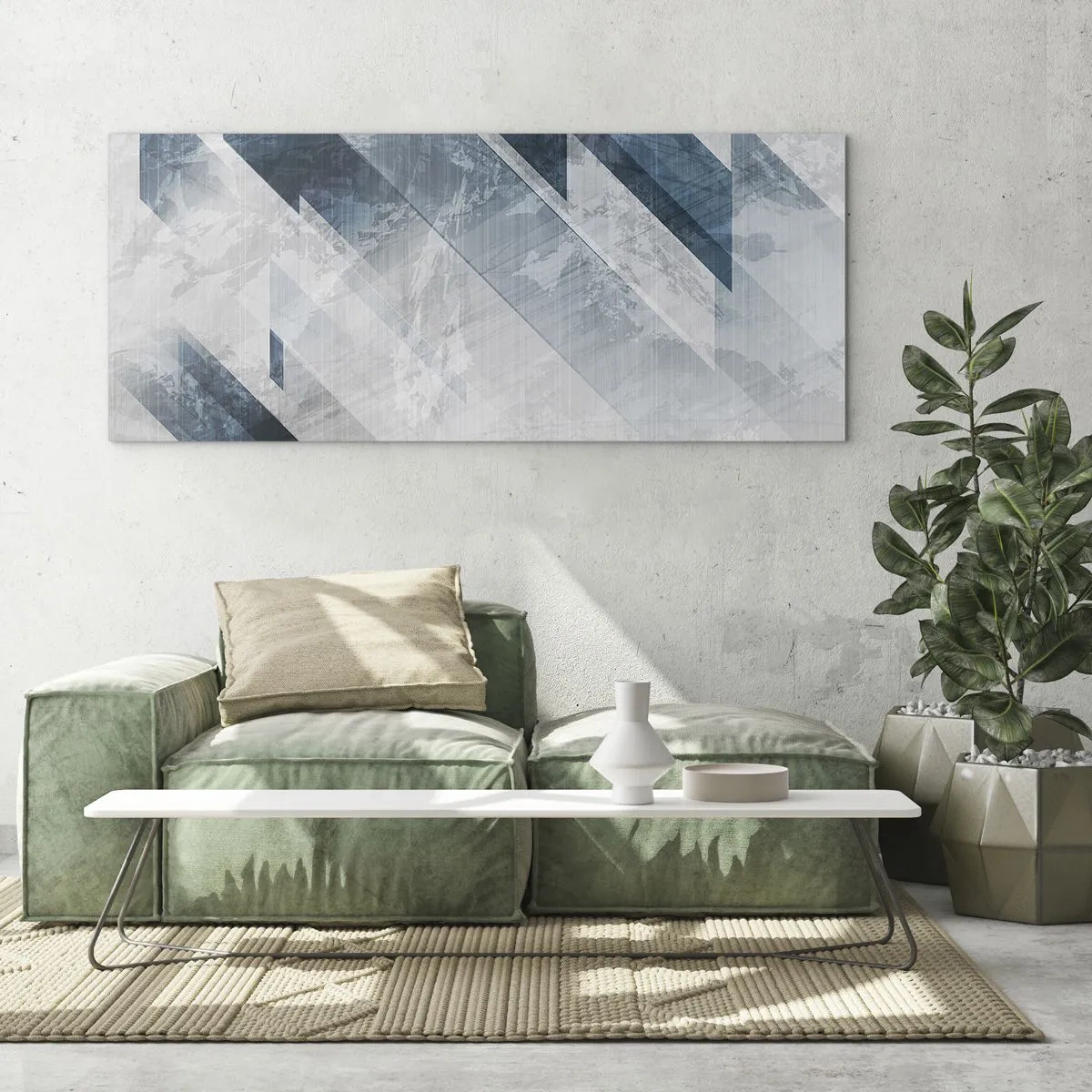 Quadro su vetro - Linee astratte in tonalità di grigio e blu - 160x50cm - Composizione spaziale: movimento in grigio - Decorazione murale moderna per soggiorno e camera da letto ARTTOR