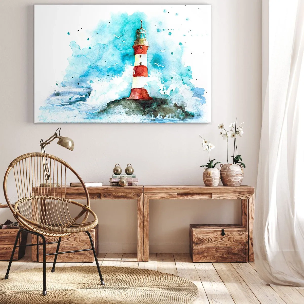Quadro su tela - Stampe su Tela - Un faro in un ambiente acquerello con uno sfondo blu - 70x50cm - L'unità dei quattro elementi - Decorazione murale moderna per soggiorno e camera da letto ARTTOR