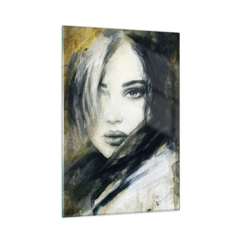 Quadro su vetro - Ritratto di una donna su uno sfondo di macchie astratte nei toni del beige - 80x120cm - Più innocente o sensuale? - Decorazione murale moderna per soggiorno e camera da letto ARTTOR