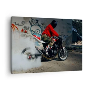 Quadro su tela - Stampe su Tela - Un motociclista esegue una spettacolare derapata in un edificio abbandonato ricoperto di graffiti. - 70x50cm - Inseguimi! - Decorazione murale moderna per soggiorno e camera da letto ARTTOR