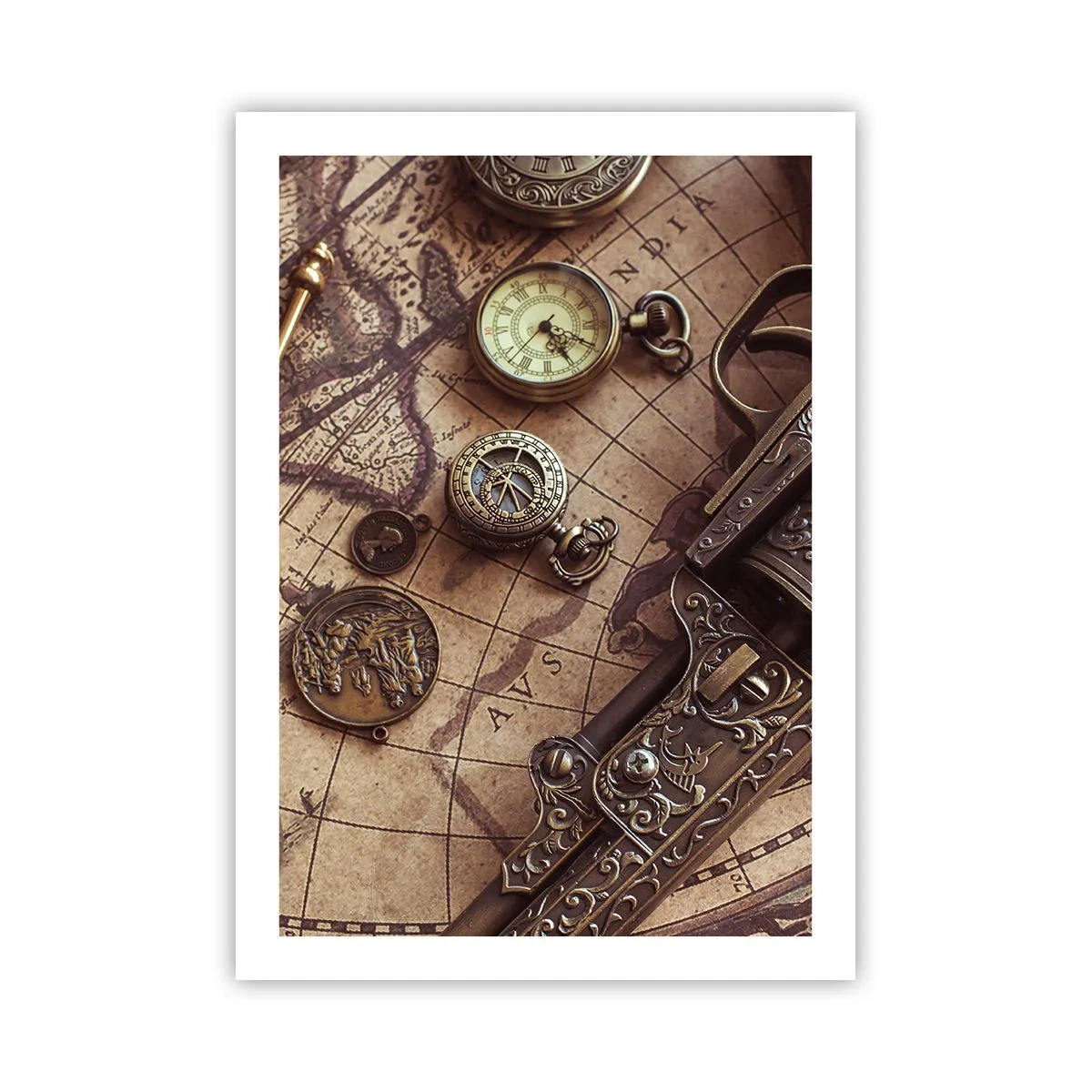 Poster - Una bussola, una mappa e oggetti antichi che simboleggiano l'avventura - 50x70cm - La natura chiama - Decorazione murale moderna per soggiorno e camera da letto ARTTOR