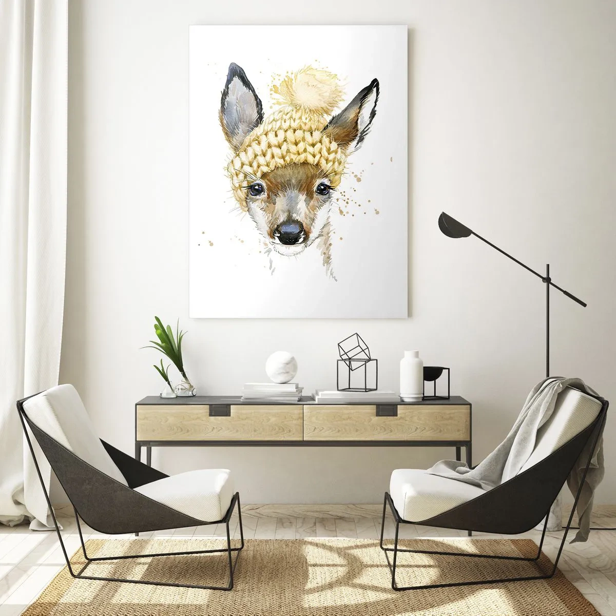 Quadro su vetro - Un capriolo con un cappello di lana con un pompon - 50x70cm - L'inverno nel bosco innevato - Decorazione murale moderna per soggiorno e camera da letto ARTTOR