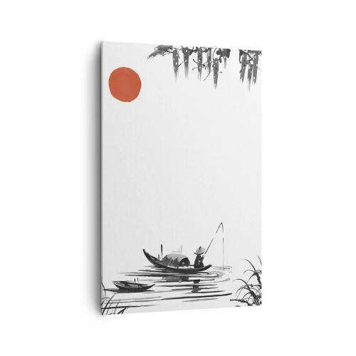 Quadro su tela - Stampe su Tela - Paesaggio orientale con un pescatore su una barca e un sole rosso - 80x120cm - Pomeriggio asiatico - Decorazione murale moderna per soggiorno e camera da letto ARTTOR