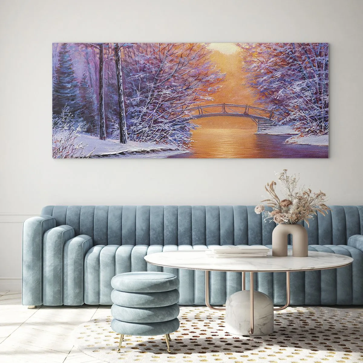 Quadro su vetro - Paesaggio invernale con ponte e tramonto - 120x50cm - Incontriamoci qui - Decorazione murale moderna per soggiorno e camera da letto ARTTOR