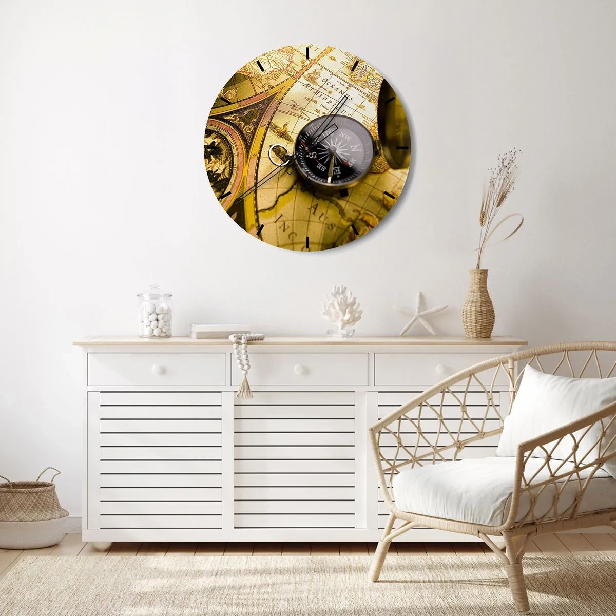 Orologio da parete - Orologio in Vetro - Una bussola su uno sfondo di vecchia mappa - 30x30cm - Forse all'estremità del mondo? - Decorazione murale moderna per soggiorno, cucina e camera da letto ARTTOR