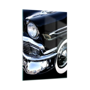 Quadro su vetro - Primo piano di un'auto nera d'epoca con dettagli cromati - 50x70cm - Classicità in argento, nero e bianco - Decorazione murale moderna per soggiorno e camera da letto ARTTOR