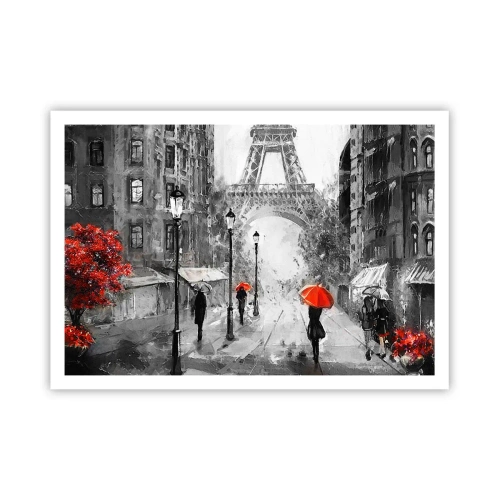 Poster - Una strada con vista sulla Torre Eiffel e ombrelli rossi - 100x70cm - Tutte le strade portano da lei - Decorazione murale moderna per soggiorno e camera da letto ARTTOR