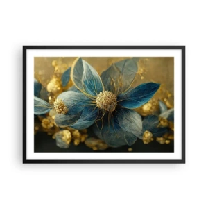 Poster in cornice nera - Eleganti fiori nei toni del blu e dell'oro - 70x50cm - Fiorire d'oro - Decorazione murale moderna per soggiorno e camera da letto ARTTOR