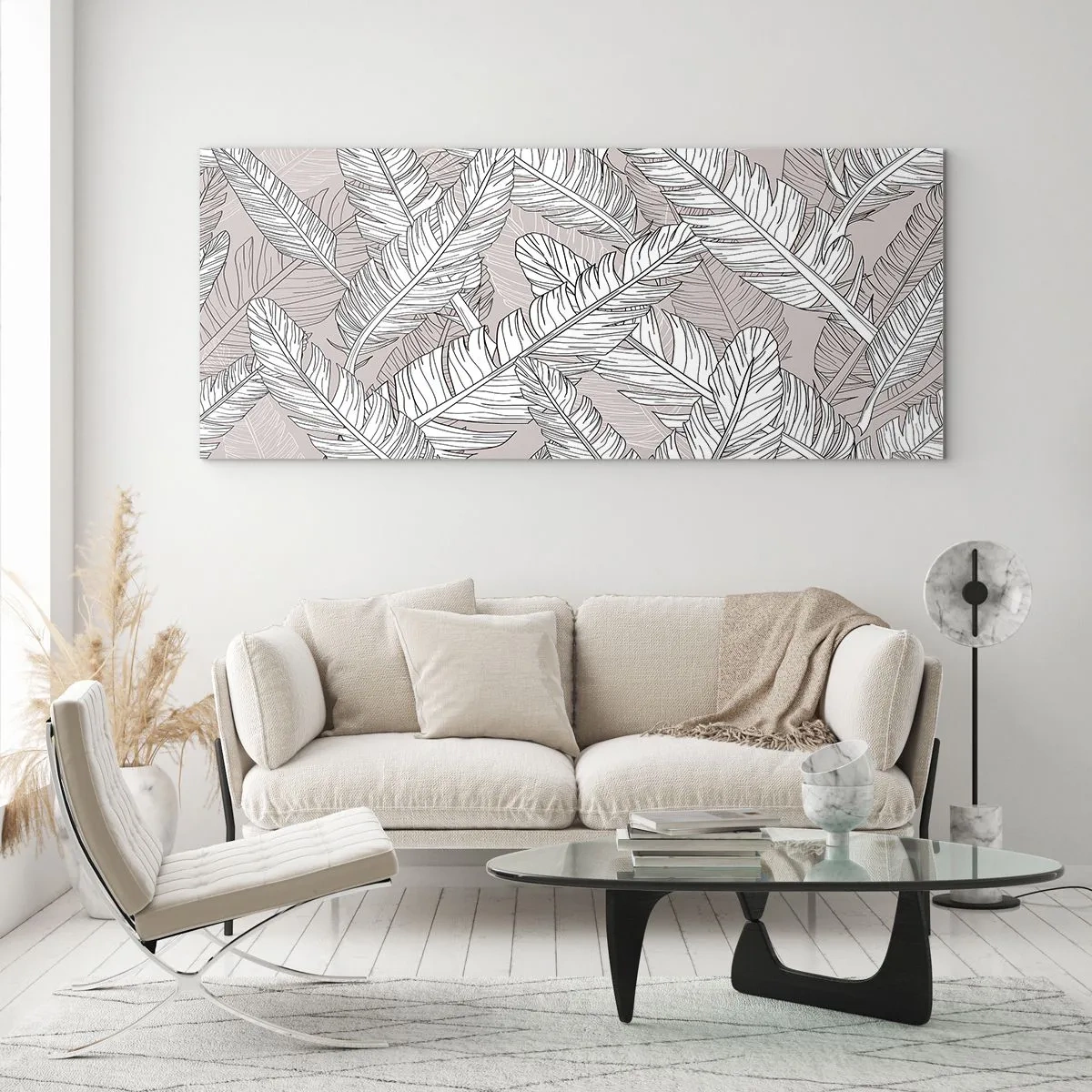 Quadro su vetro - Motivo in bianco e nero con foglie di banano su sfondo chiaro - 120x50cm - Vortice di piume - Decorazione murale moderna per soggiorno e camera da letto ARTTOR