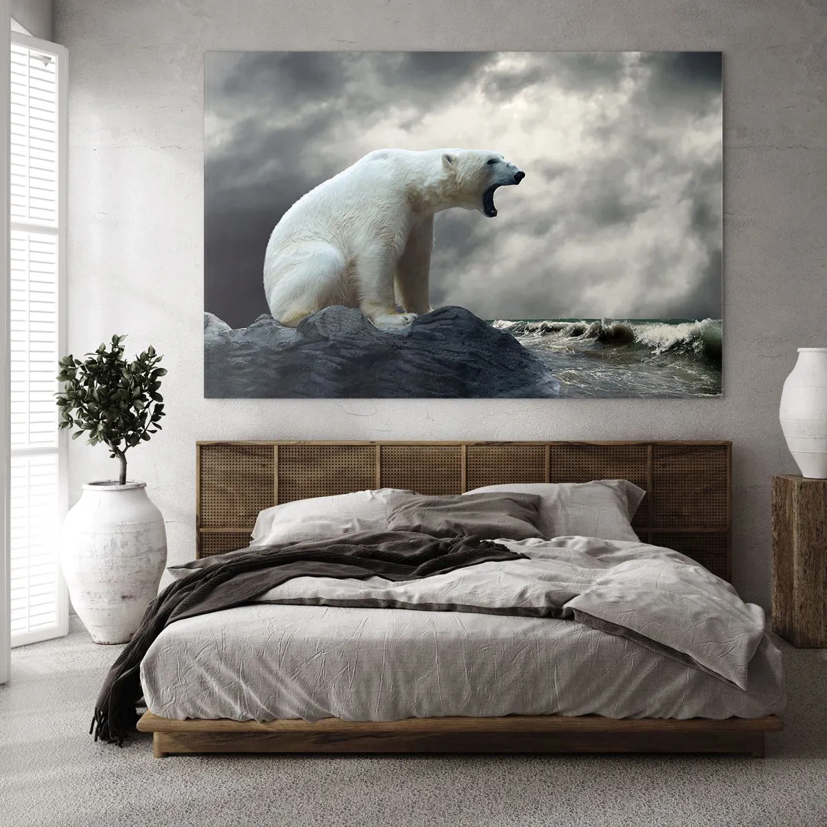 Quadro su vetro - Un orso polare contro un cielo tempestoso - 70x50cm - Il re solitario dell'Artide - Decorazione murale moderna per soggiorno e camera da letto ARTTOR