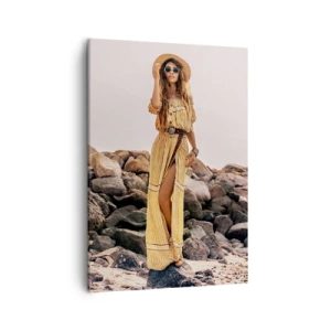 Quadro su tela - Stampe su Tela - Una donna in stile boho sullo sfondo di una spiaggia rocciosa - 50x70cm - La magia delle pietre - Decorazione murale moderna per soggiorno e camera da letto ARTTOR