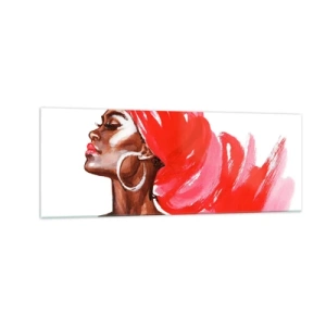 Quadro su vetro - Profilo di una donna con turbante rosso e orecchini - 140x50cm - C'è un vento che allarga le narici dell'uomo - Decorazione murale moderna per soggiorno e camera da letto ARTTOR