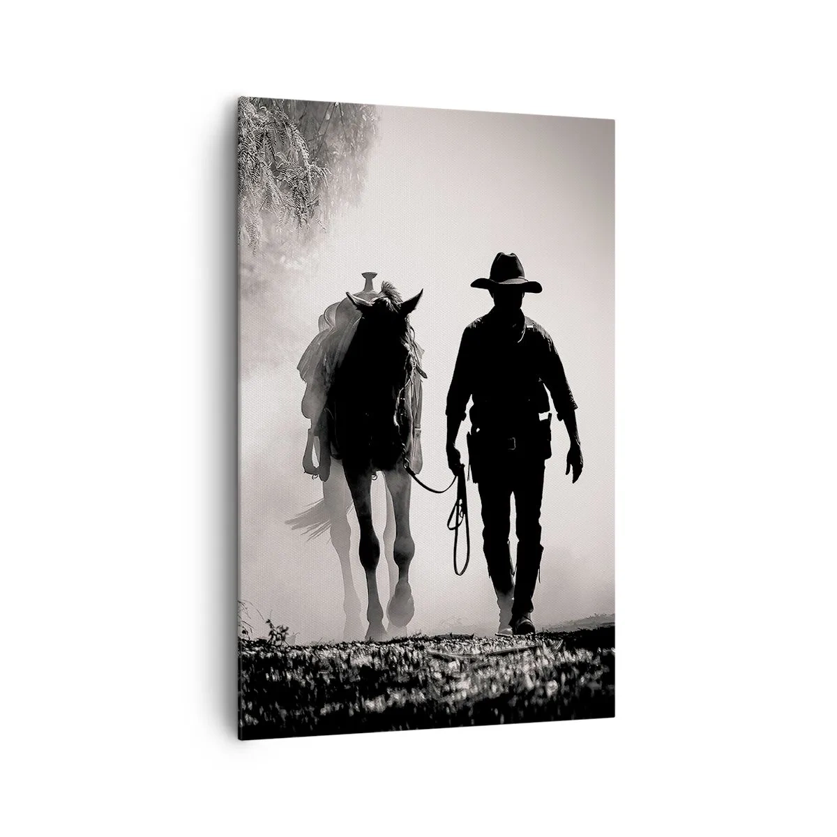 Quadro su tela - Stampe su Tela - Cowboy con cavallo nella nebbia mattutina - 80x120cm - Mattino texano - Decorazione murale moderna per soggiorno e camera da letto ARTTOR