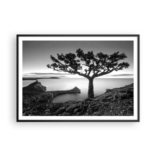 Poster in cornice nera - Paesaggio in bianco e nero con un albero solitario su una scogliera a picco sul mare - 100x70cm - Pace fino all'orizzonte - Decorazione murale moderna per soggiorno e camera da letto ARTTOR