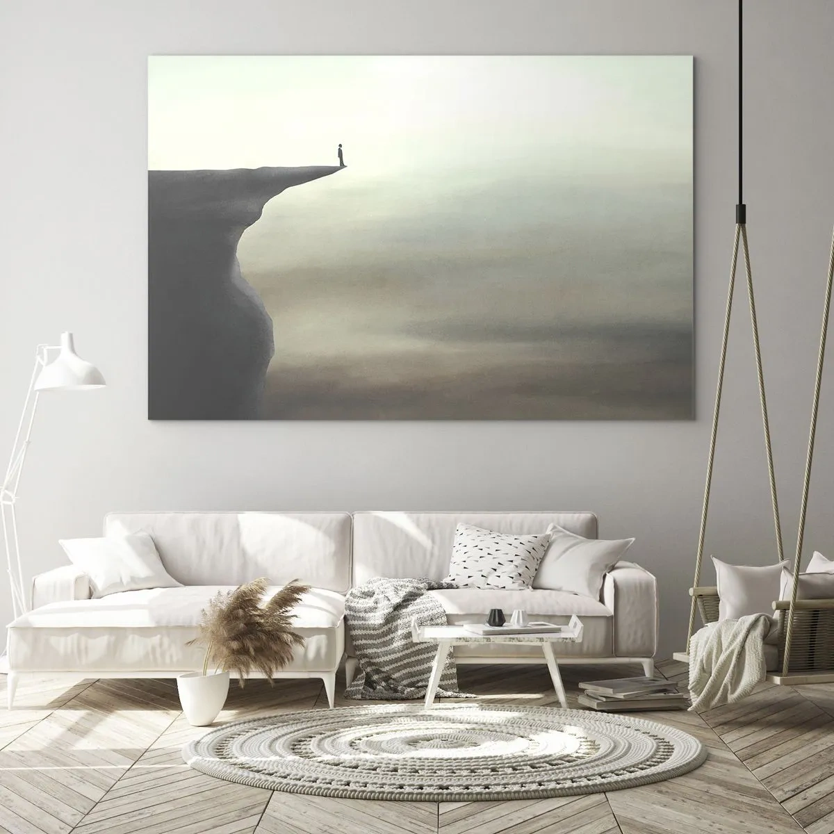 Quadro su vetro - Sagoma di una persona in piedi sul bordo di una scogliera sopra la nebbia - 70x50cm - Certamente verso l'alto! - Decorazione murale moderna per soggiorno e camera da letto ARTTOR