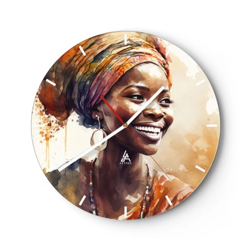 Orologio da parete - Orologio in Vetro - Una donna sorridente con un turbante su uno sfondo di macchie di acquerello. - 30x30cm - Regina africana - Decorazione murale moderna per soggiorno, cucina e camera da letto ARTTOR