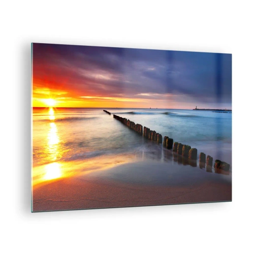 Quadro su vetro - Tramonto sul mare con frangiflutti in legno - 70x50cm - Ascolta il silenzio - Decorazione murale moderna per soggiorno e camera da letto ARTTOR