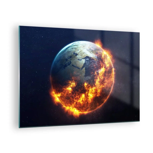 Quadro su vetro - La Terra circondata dalle fiamme nello spazio - 70x50cm - Le fiamme dell'apocalisse - Decorazione murale moderna per soggiorno e camera da letto ARTTOR
