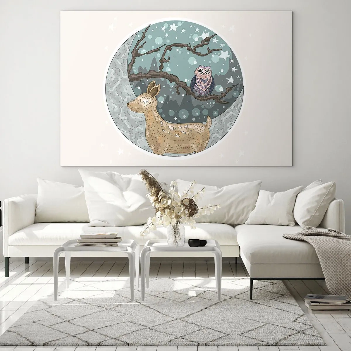 Quadro su vetro - Illustrazione di un cervo e un gufo in un ambiente magico - 70x50cm - Notte fiabesca nel bosco - Decorazione murale moderna per soggiorno e camera da letto ARTTOR